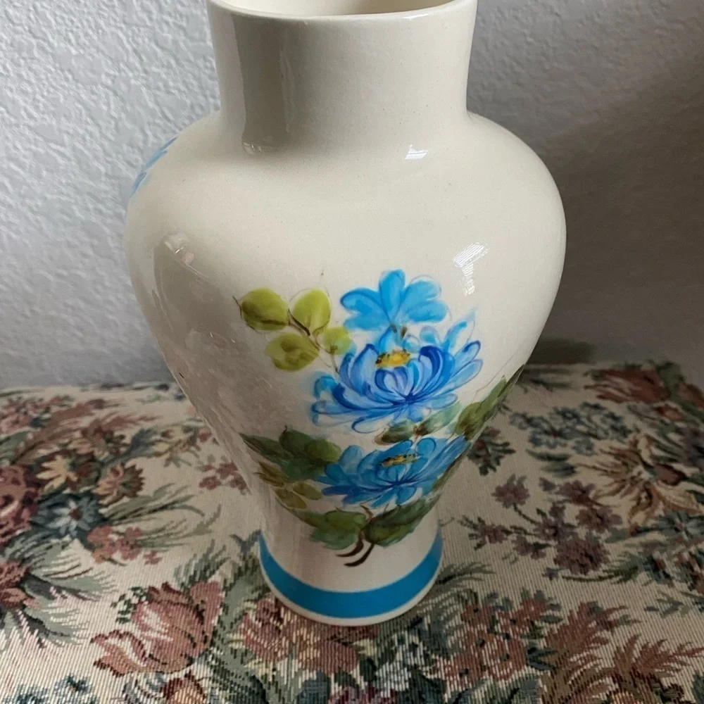 Vintage Hand Painted Floral Blossoms Ceramic Vase with Blue Accents 9.5”H